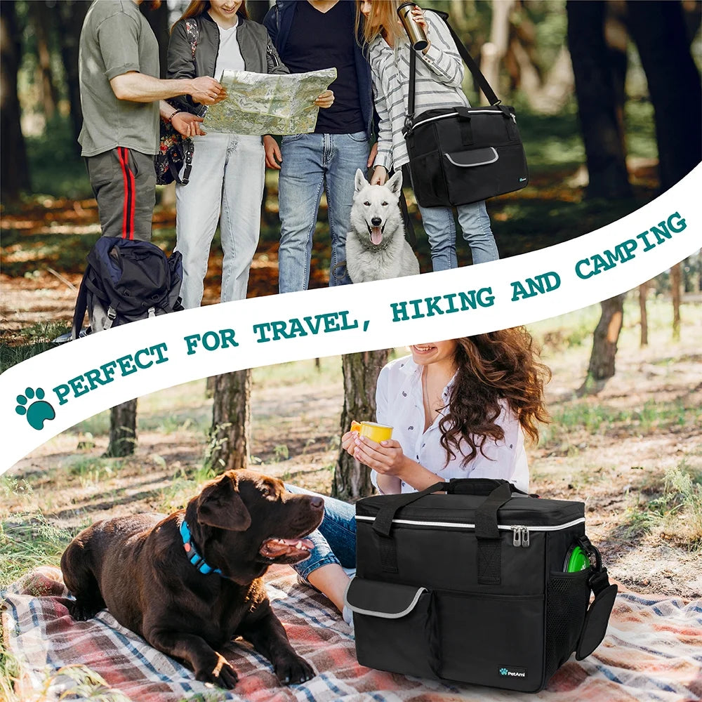 Dog Travel Bag, Travel Pet Bag Organizer, Dog Food Travel Bag with Food Container and Bowls, Dog Travel Supplies Gift Accessories for Weekend Camping, Dog Cat Diaper Bag (Black, Large)
