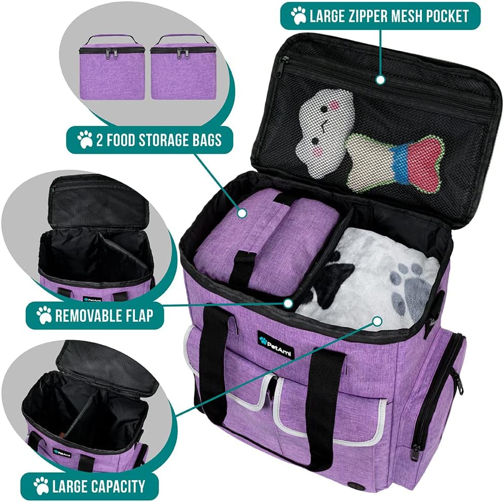 Dog Travel Bag Pet Supplies Accessories Organizer for Traveling, Camping, Weekend; Cat Pet Travel Bag Kit Includes 2 Food Storage Containers, 2 Collapsible Bowls, 1 Feeding Mat (Purple)