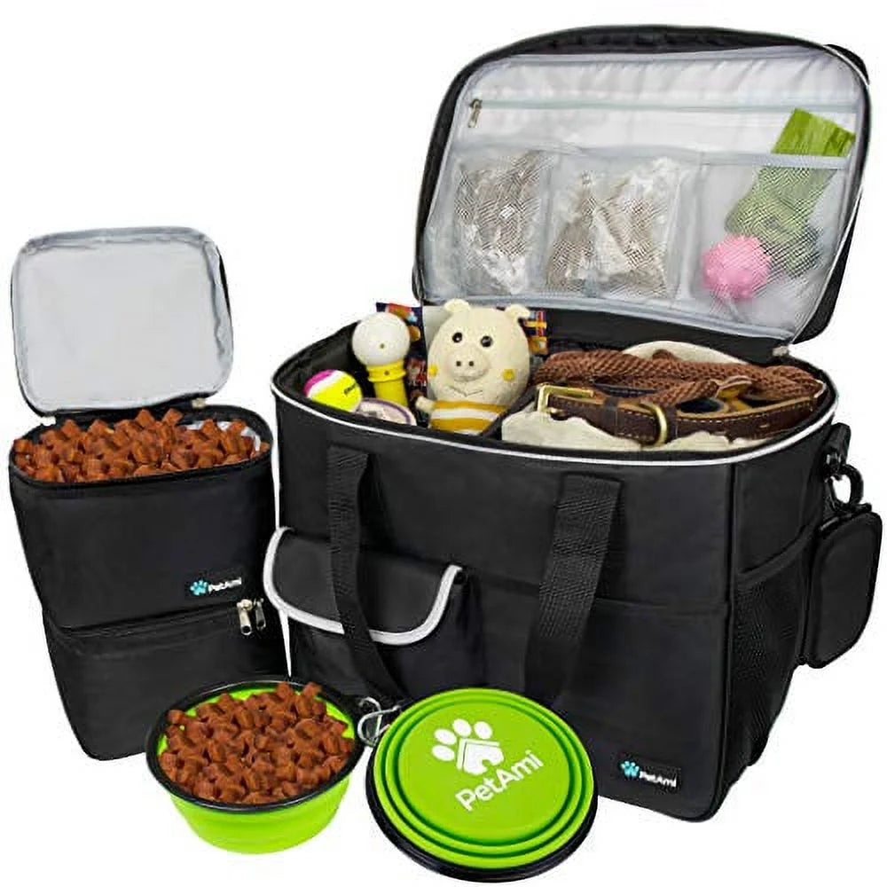 Dog Travel Bag, Travel Pet Bag Organizer, Dog Food Travel Bag with Food Container and Bowls, Dog Travel Supplies Gift Accessories for Weekend Camping, Dog Cat Diaper Bag (Black, Large)