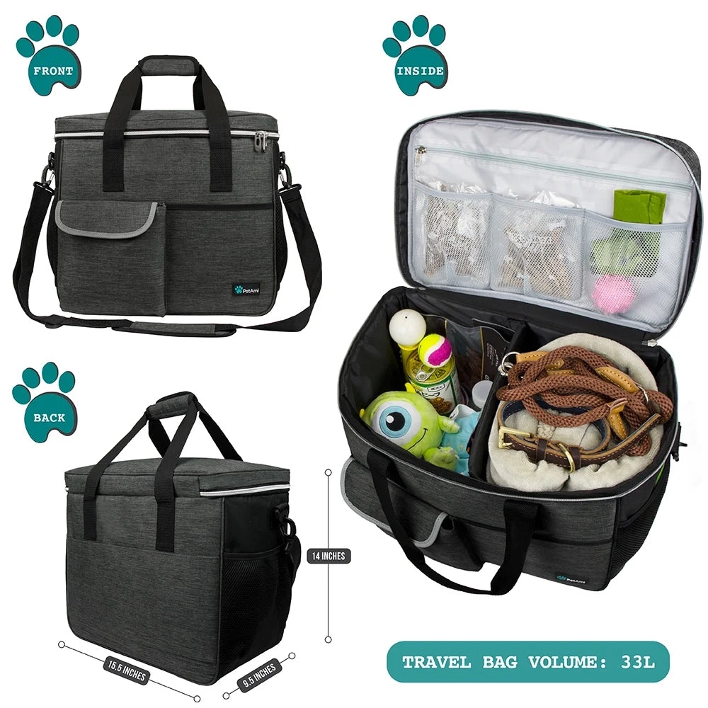 Dog Travel Bag, Travel Pet Bag Organizer, Dog Food Travel Bag with Food Container and Bowls, Dog Travel Supplies Gift Accessories for Weekend Camping, Dog Cat Diaper Bag (Charcoal, Large)