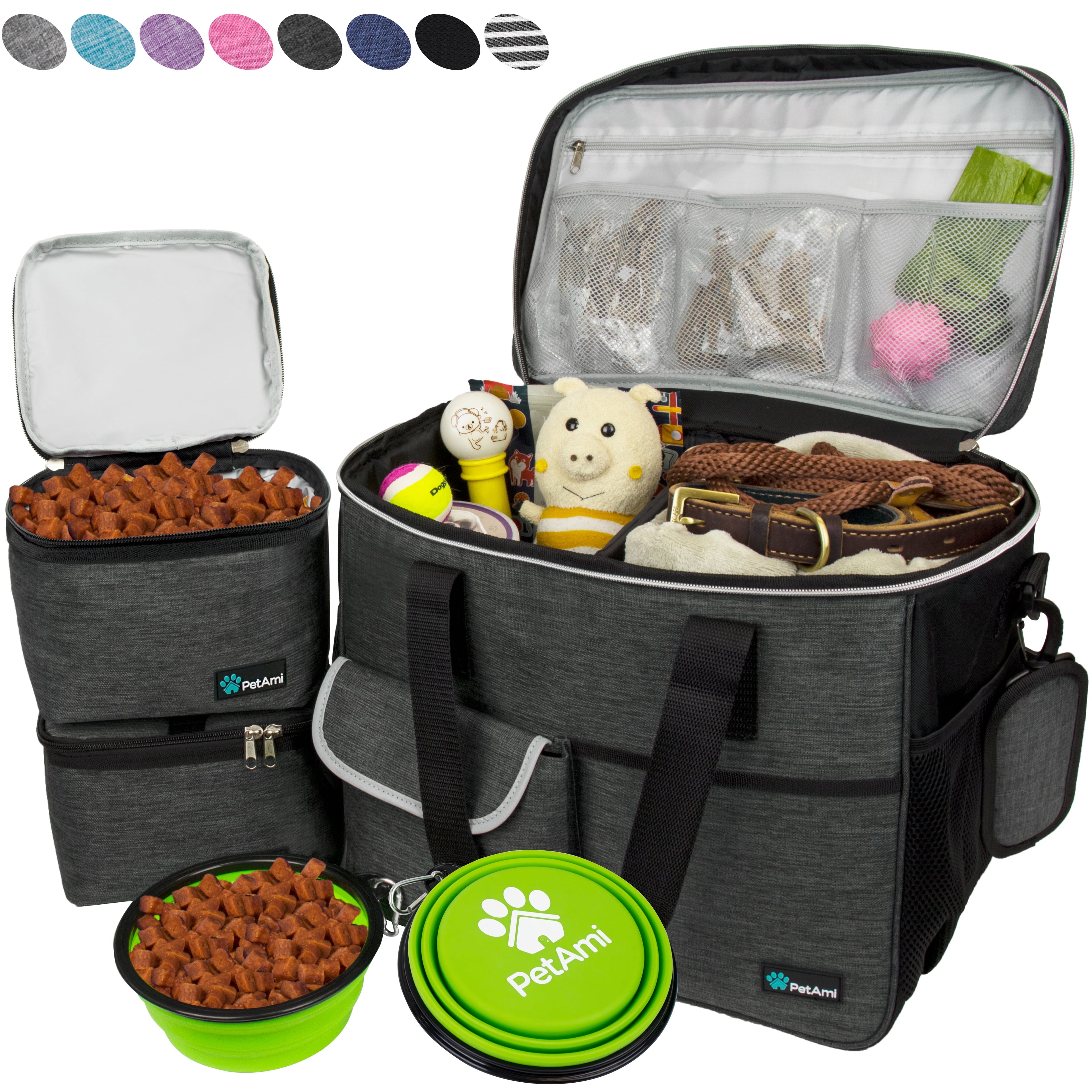 Dog Travel Bag, Travel Pet Bag Organizer, Dog Food Travel Bag with Food Container and Bowls, Dog Travel Supplies Gift Accessories for Weekend Camping, Dog Cat Diaper Bag (Charcoal, Large)