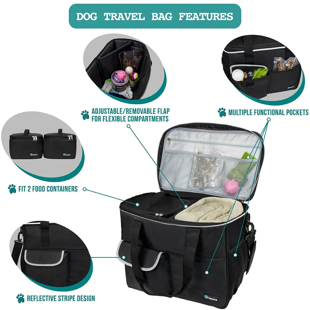 Dog Travel Bag, Travel Pet Bag Organizer, Dog Food Travel Bag with Food Container and Bowls, Dog Travel Supplies Gift Accessories for Weekend Camping, Dog Cat Diaper Bag (Black, Large)