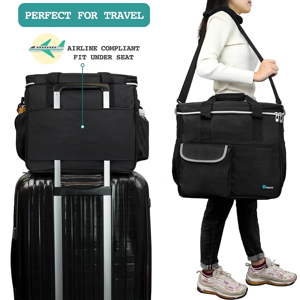 Dog Travel Bag, Travel Pet Bag Organizer, Dog Food Travel Bag with Food Container and Bowls, Dog Travel Supplies Gift Accessories for Weekend Camping, Dog Cat Diaper Bag (Black, Large)